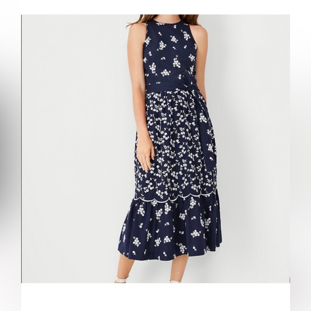ANN TYLOR Floral Navy Blue Sleeveless Dress